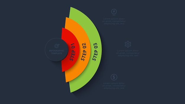 Concepto de estrategia para la infografía con 3 pasos plantilla para la web sobre un fondo negro
