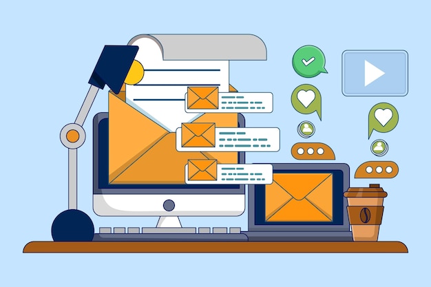 Concepto de estrategia de marketing por correo electrónico o campaña de correo electrónico o envío de correos electrónicos a clientes potenciales