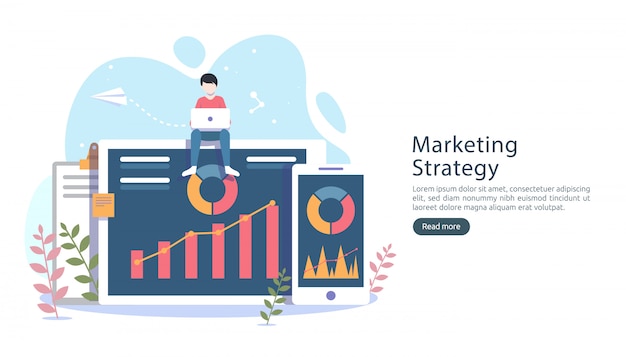 Concepto de estrategia de marketing digital con carácter de personas diminutas, mesa, gráfico en pantalla de computadora