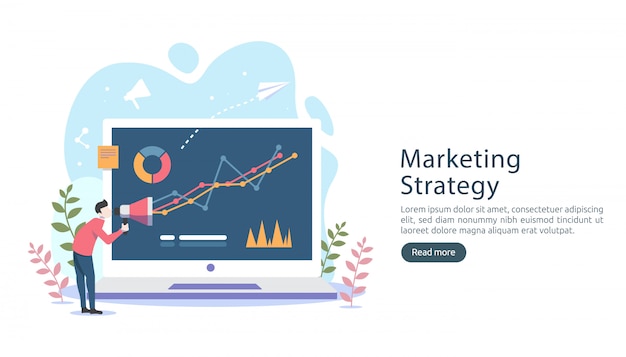 Concepto de estrategia de marketing digital con carácter de personas diminutas, mesa, gráfico en pantalla de computadora