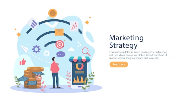 Concepto de estrategia de marketing digital con carácter de personas diminutas.