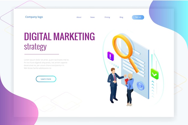 Concepto de estrategia de marketing digital isométrica. Negocios en línea, idea de marketing en Internet, objetos de oficina y finanzas, optimización de motores de búsqueda, SEO, SMM, publicidad. ilustración vectorial