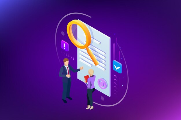 Concepto de estrategia de marketing digital isométrica. Negocios en línea, idea de marketing en Internet, objetos de oficina y finanzas, optimización de motores de búsqueda, SEO, SMM, publicidad. ilustración vectorial