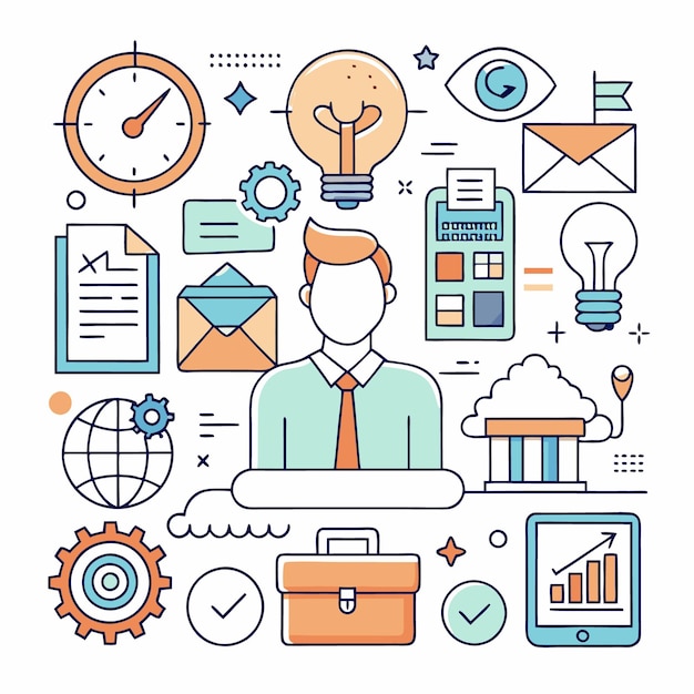 Concepto de estrategia de negocios con íconos de documentos, maletín, nube de engranajes de reloj y gráficos