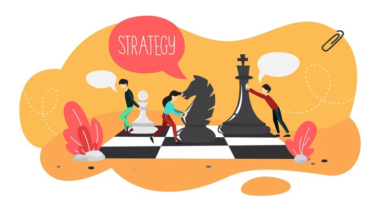 Vector concepto de estrategia y plan de negocios. la gente juega al ajedrez en un tablero gigante. realización de investigación financiera y análisis de objetivos. organización de negocios. conjunto de iconos de colores. piso aislado