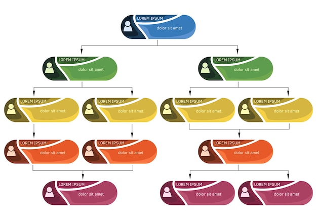 Concepto de estructura empresarial colorido, esquema de organigrama corporativo con iconos de personas. Ilustración vectorial.