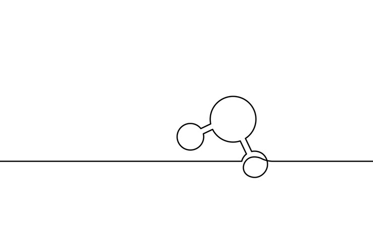 Vector concepto de estructura de molécula de agua de una línea. arte de tecnología ecológica de investigación científica de línea continua. forma de esfera húmeda aguamarina. ilustración de vector de celda de partículas de fórmula h2o.