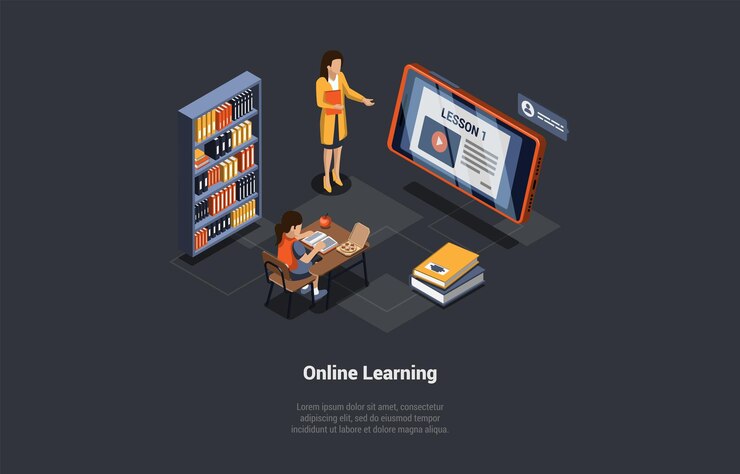 Vector concepto de estudiante de aprendizaje electrónico en línea a distancia en el escritorio para escuchar a la maestra que toma un curso remoto de aprendizaje o reunión en línea con teleconferencia dibujos animados isométricos 3d vector ilustración