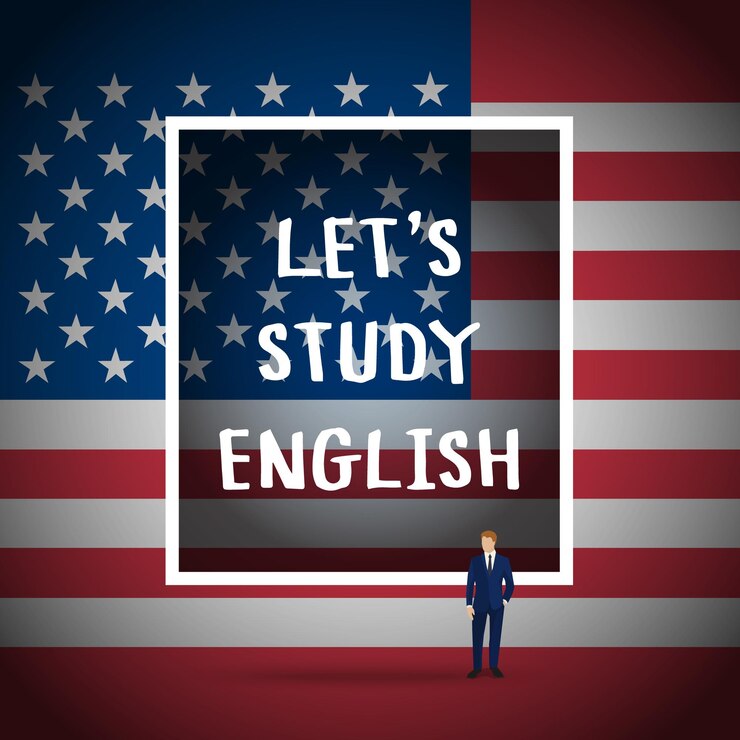 Vector concepto de estudiar inglés o viajar. frase ¿hablas inglés frente a la bandera de estados unidos?