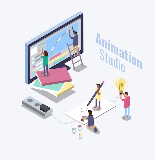 Concepto de estudio de animación Ilustración isométrica sobre el proceso de trabajo del equipo de diseñadores de movimiento
