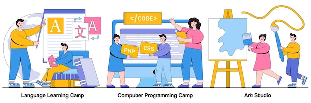 Concepto de estudio de arte de campamento de aprendizaje de idiomas y programación de computadoras con personajes de personas adquirir conocimientos y habilidades paquete de ilustración vectorial aprender discurso metáfora del curso de educación de cuber extranjero