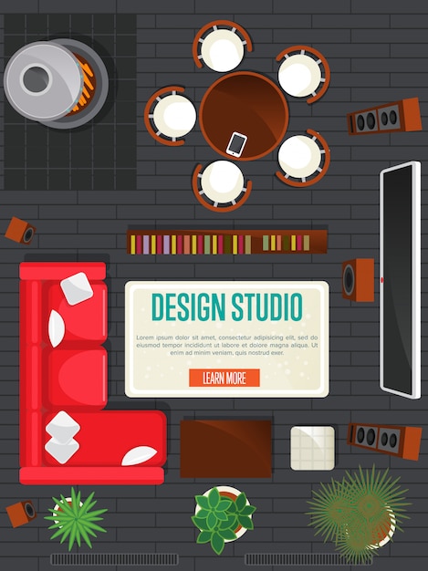 Vector concepto de estudio de diseño con apartamento con vista superior