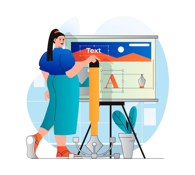 Concepto de estudio de diseño en diseño plano moderno Mujer diseñadora crea elementos gráficos