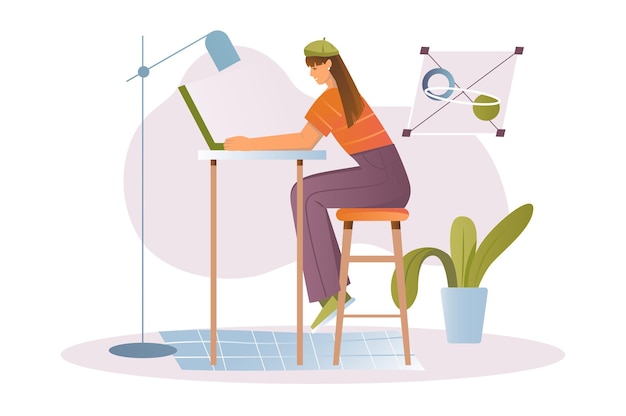 Concepto de estudio de diseño con escena de personas en el diseño de dibujos animados planos Un diseñador creativo trabaja