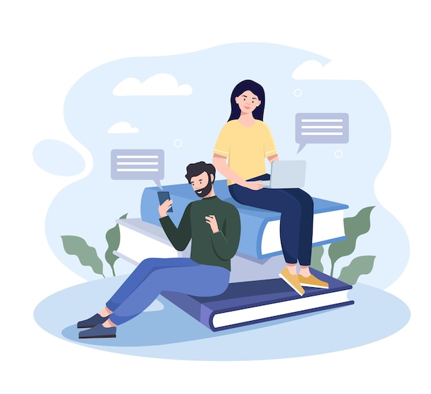 El concepto de estudio a distancia chica y hombre se comunican utilizando dispositivos inteligentes y computadoras modernas