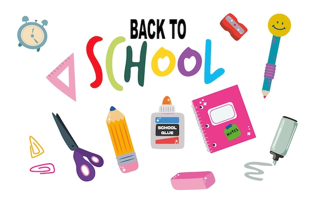 Concepto de estudio de educación de regreso a la escuela Conjunto de suministros escolares Cosas de papelería bonitas para niños