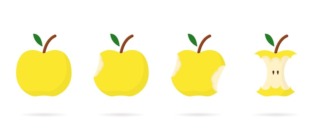 Vector concepto de etapa de mordedura de manzana amarilla paso de comer manzana de entera a mitad y núcleo alimentos orgánicos frescos saludables ilustración vectorial aislada