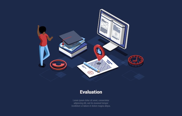 Concepto de evaluación y carácter de graduación tiene evaluación para su trabajo de diploma gran monitor con materiales educativos y trabajo evaluado con puntuación alta ilustración de vector de dibujos animados 3d isométrica