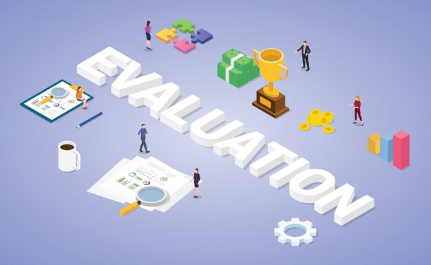 Concepto de evaluación comercial con gráfico de datos de análisis de personas del equipo e informe financiero con estilo plano moderno isométrico