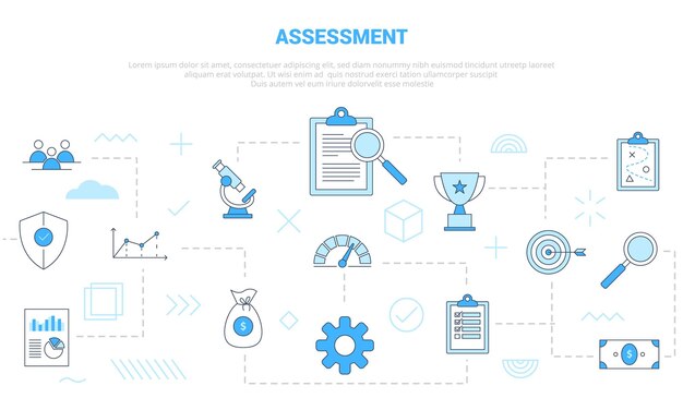 Concepto de evaluación empresarial con banner de plantilla de conjunto de iconos con estilo moderno de color azul