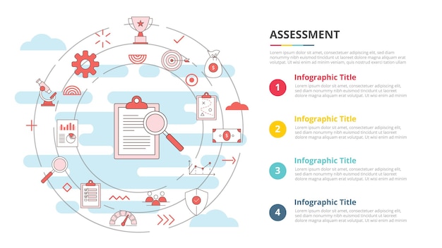 Concepto de evaluación empresarial para banner de plantilla infográfica con información de lista de cuatro puntos