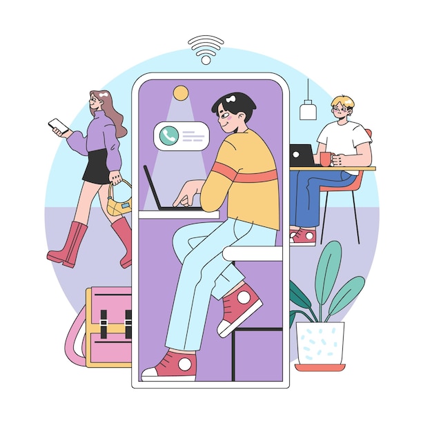 El concepto de evolución del espacio de trabajo digital: el hombre en la cabina virtual colabora en línea mientras los colegas se involucran