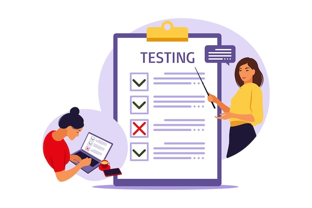 Concepto de examen en línea en internet. Mujer sentada junto a la encuesta de formulario en línea en la computadora portátil. Cuestionario, aprendizaje web, voto electrónico. Ilustración vectorial.