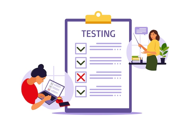 Concepto de examen en línea en internet. Mujer sentada junto a la encuesta de formulario en línea en la computadora portátil. Cuestionario, aprendizaje web, voto electrónico. Ilustración vectorial.