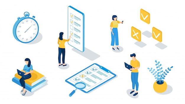 Concepto de examen en línea, pruebas en línea, formulario de cuestionario, educación en línea, encuesta, cuestionario en Internet. Ilustración vectorial isométrica