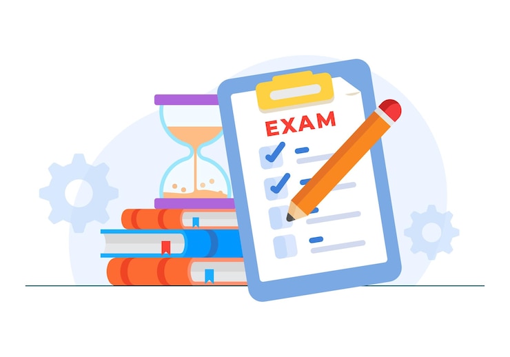 Vector concepto de examen con una lista de comprobación libros temporizador reloj de arena lápiz