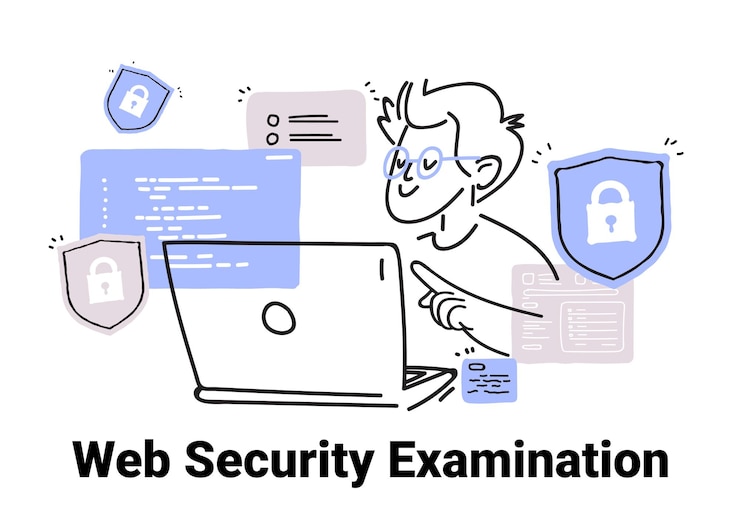 Vector concepto de examen de seguridad web persona analizando bloqueos de portátil código boceto minimalista