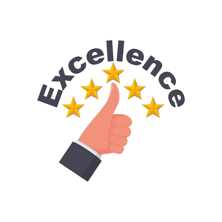 Vector concepto de excelencia. clasificación de estrellas. diseño plano de ilustración vectorial. aislado sobre fondo blanco. trabajo de calidad. al hombre le gusta y le da 5 estrellas. vector de retroalimentación. sistema de evaluación. revisión positiva.