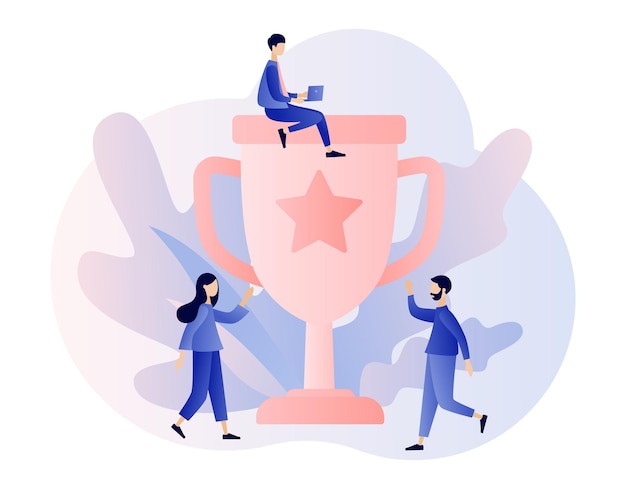 Concepto de éxito Business Team Success Achievement Concept Gente pequeña con Copa de premio