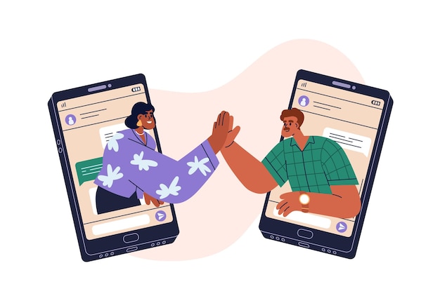 El concepto de éxito de la comunicación remota en Internet en línea La gente de negocios está de acuerdo en el mensajero dando un gesto de acuerdo de alto cinco Ilustración vectorial gráfica plana aislada sobre fondo blanco