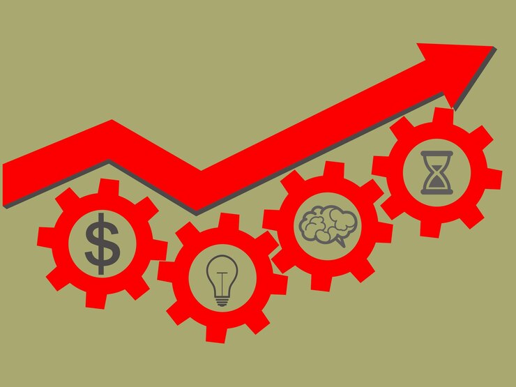 Vector concepto de éxito empresarial flecha roja hacia arriba y engranajes con símbolos cerebro tiempo dinero idea