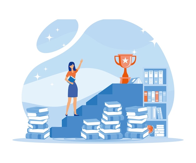 Concepto de éxito empresarial Mujer de negocios subiendo la escalera al trofeo de oro vector plano ilustración moderna