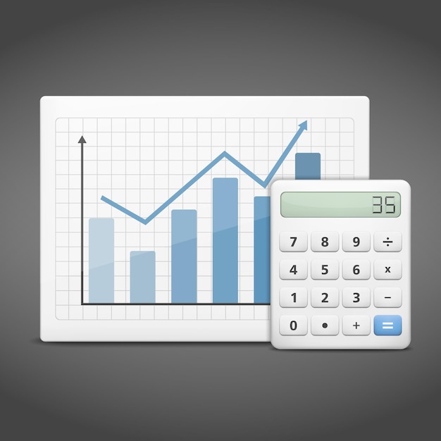 Concepto de éxito financiero gráfico de barras azules con calculadora blanca sobre fondo oscuro ilustración vectorial eps10