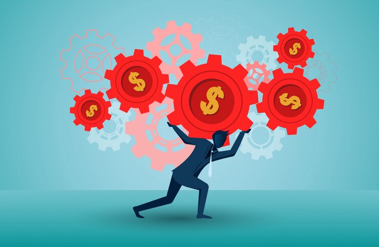 Vector concepto de éxito de las finanzas empresariales. el hombre de negocios levanta un engranaje rojo. para que la organización pueda ser conducida