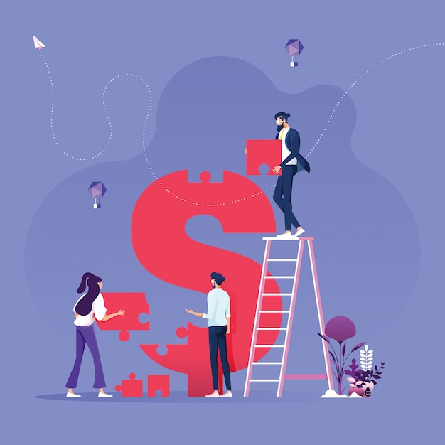 Concepto de éxito de inversión: equipo de negocios que empuja el signo de dólar del rompecabezas al éxito