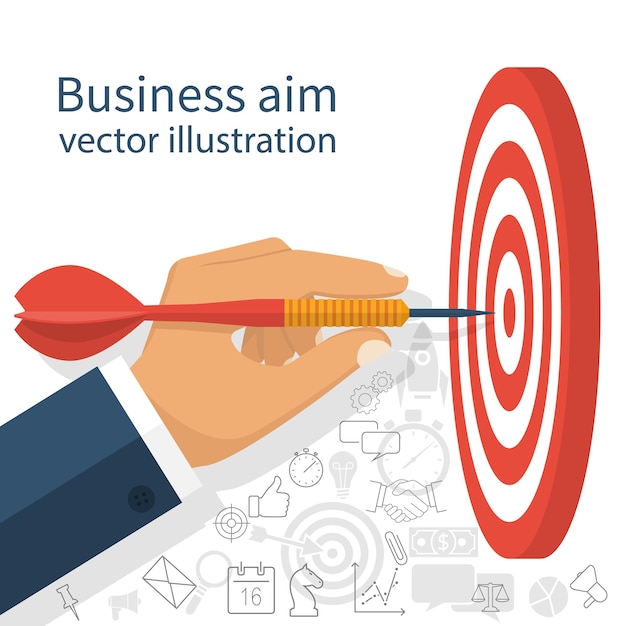 Concepto de éxito de logro empresarial empresario sosteniendo dardo golpeando el objetivo objetivo en el negocio ilustración vectorial diseño plano