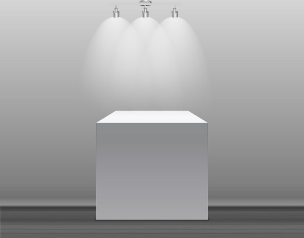 Concepto de exposición Soporte de caja vacía blanca con iluminación sobre fondo gris