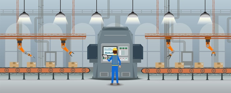 Vector concepto de fábrica de automatización con robot que trabaja ilustración de vector de diseño plano