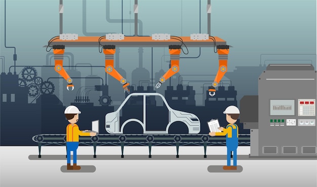 Concepto de fábrica de automóviles de automatización con línea de montaje de robots en la ilustración de vector de fábrica de automóviles
