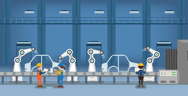 Concepto de fábrica de automóviles de automatización con línea de montaje de robots en la ilustración de vector de fábrica de automóviles