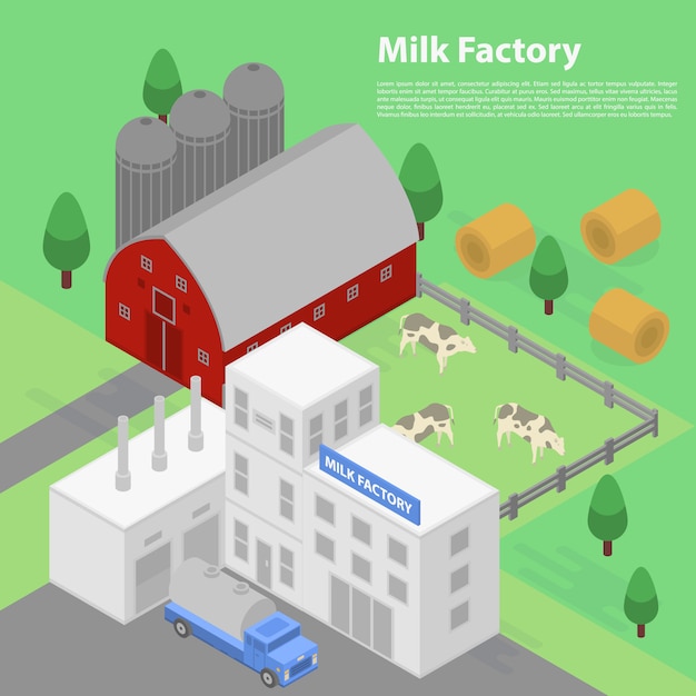 Concepto de fábrica de leche, estilo isométrico