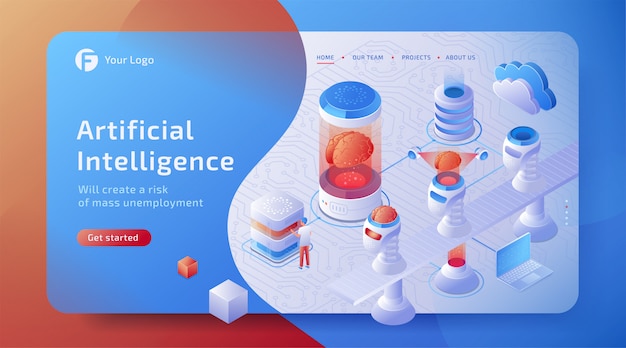 Concepto de fábrica de máquinas de inteligencia artificial isométrica 3D (AI) con cerebro digital. Tecnología del futuro.