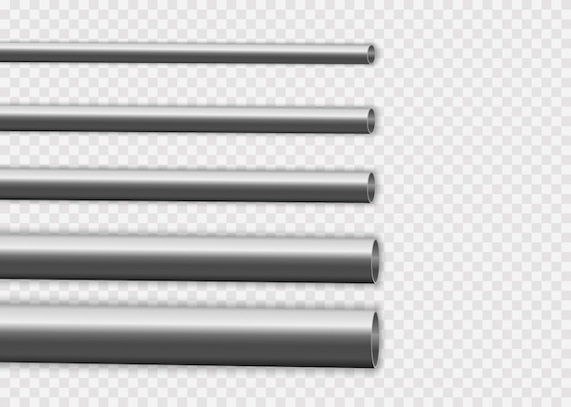 Vector concepto de fabricación industrial de tuberías metálicas. tubos de acero o aluminio de varios diámetros aislados sobre un fondo blanco. diseño de tubo de acero 3d brillante.