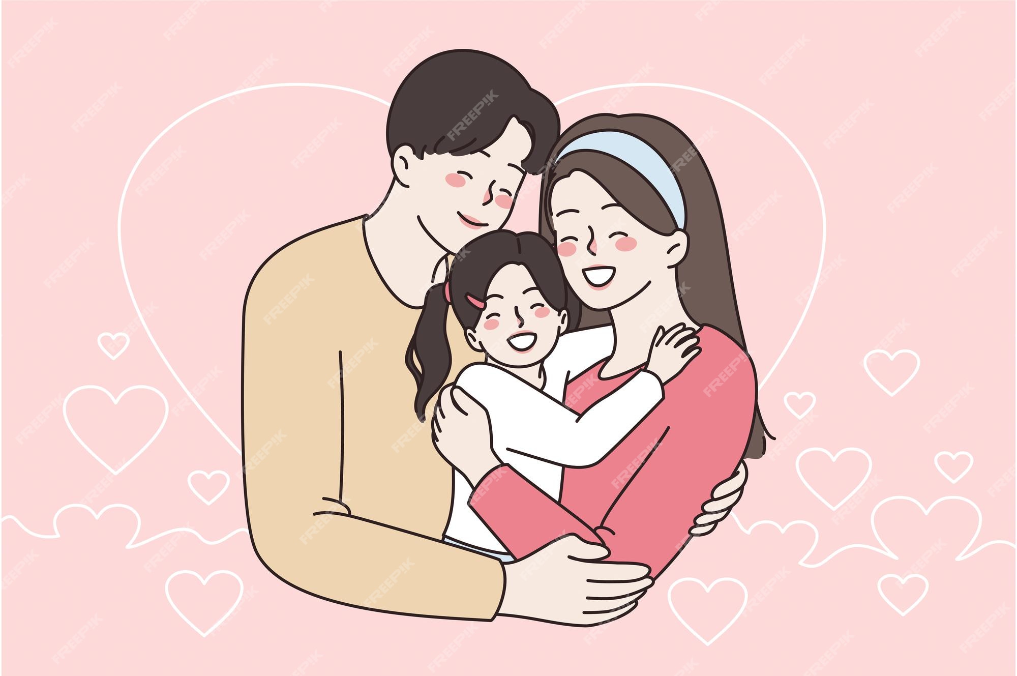 Concepto de familia, infancia y paternidad feliz. joven sonriente padre  mujer y hombre de pie abrazando a su pequeña hija sintiéndose muy bien  juntos ilustración vectorial | Vector Premium