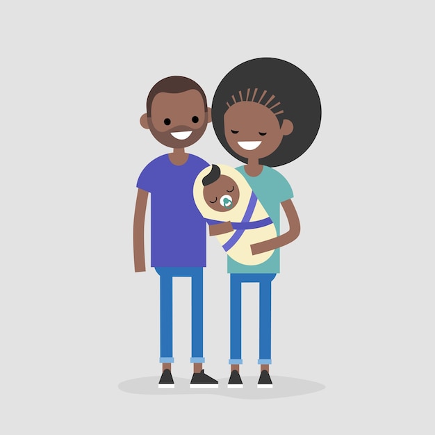 Vector concepto de familia negra moderna joven madre padre y su bebé plano editable vector ilustración clip art