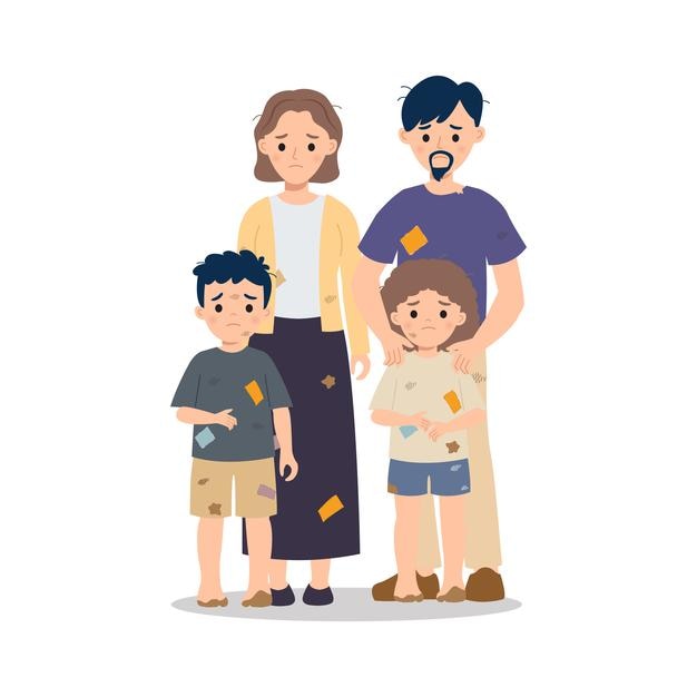 Concepto de familia pobre en ropa sucia y remendada Vector de dibujos animados de estilo plano